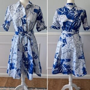 Calvin Klein Collared Floral Printed Belted Fit and Flare Dress Sz 6 Polished